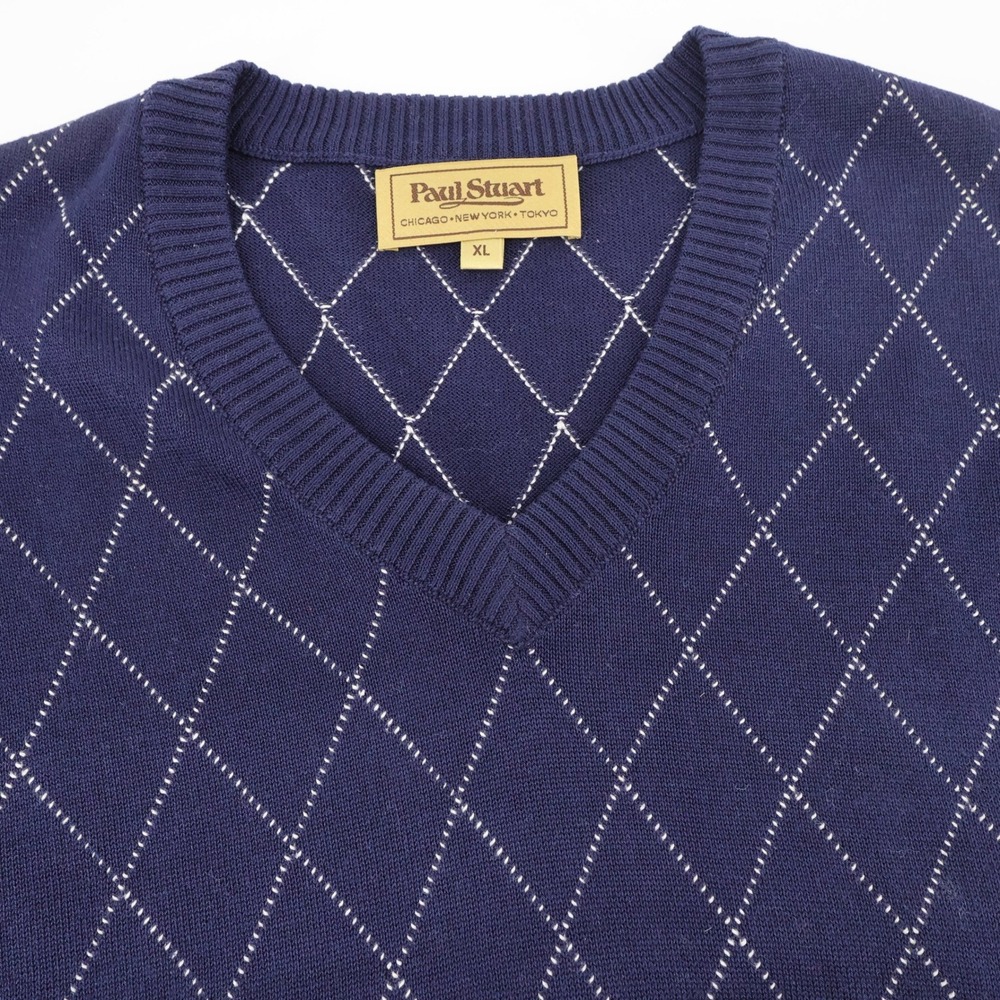 Vintage Paul Stuart Diamond Grid Sweater Vest Navy Sleeveless Mens XL